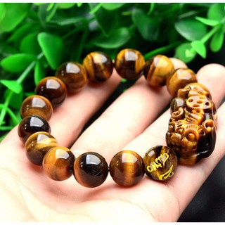 Vòng đeo tay nam nữ đá phong thủy gắn Tỳ Hưu đính đá khắc kinh chữ phạn màu vàng