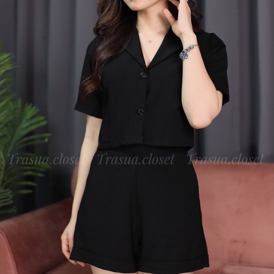 Bộ đũi áo vest quần đùi Trà Sữa Closet, chất liệu đũi Hàn, hàng thiết kế đủ size, có 2 màu đen và cam đất TSB01