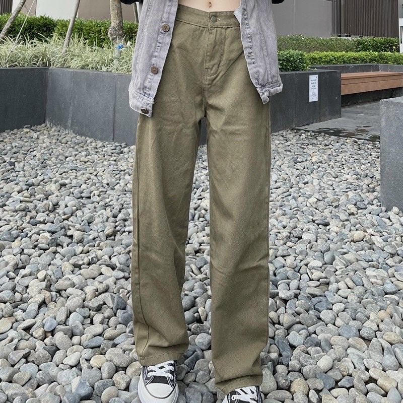 Quần jeans nữ dáng suông màu rêu siêu hack chân