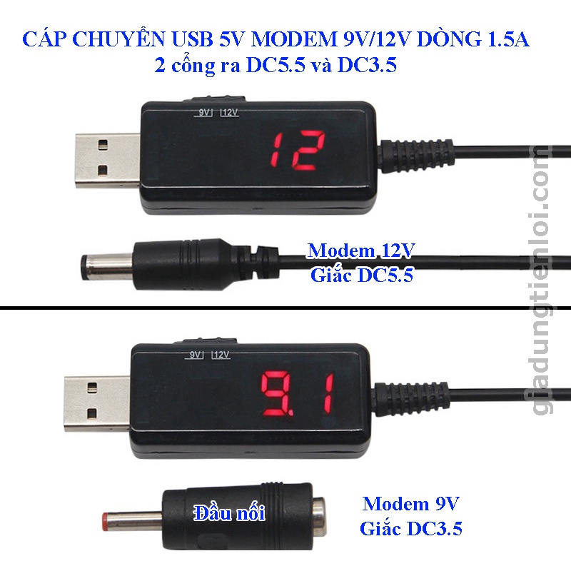 Cáp Chuyển Đổi 5V USB sang 5V / 9V / 12V (Xài Wifi từ sạc dự phòng của điện thoại)