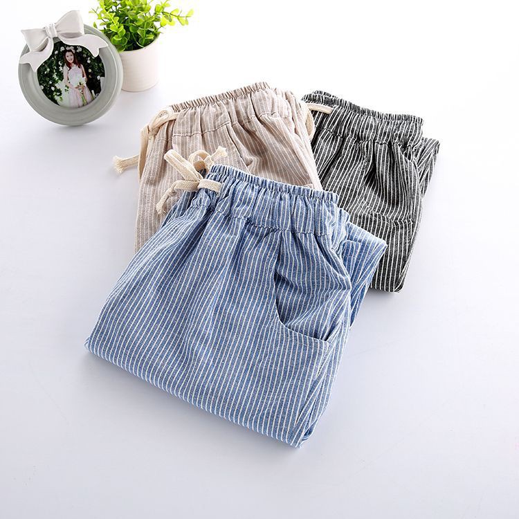 Quần baggy nữ lưng thun vải thô 100% cotton thoáng mát form suông rộng rãi thoải mái kẻ sọc phong cách Nhật Akira Store