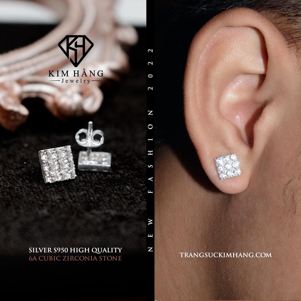 Khuyên Tai Bạc Thiết Kế Vuông Full Đá Tấm  KHJER026- Chốt Đẩy
