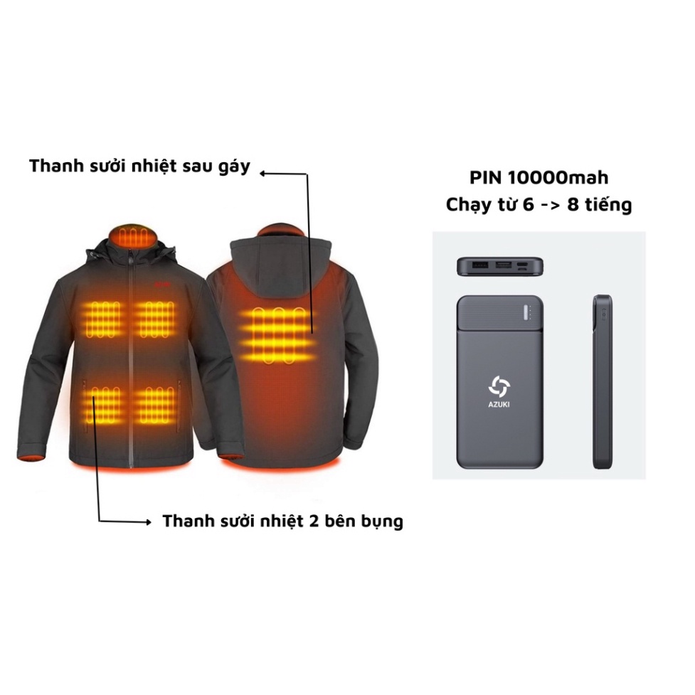 ÁO SƯỞI ẤM CHẠY BẰNG PIN AZUKI CHÍNH HÃNG [ CHỐNG MƯA TỐT, PIN 20000Mah CHẠY 12 TIẾNG, TẶNG ÁO GIỮ NHIỆT]