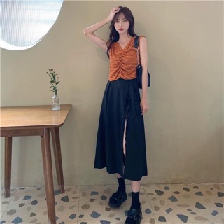 Chân váy midi xẻ dây nơ điệu đà