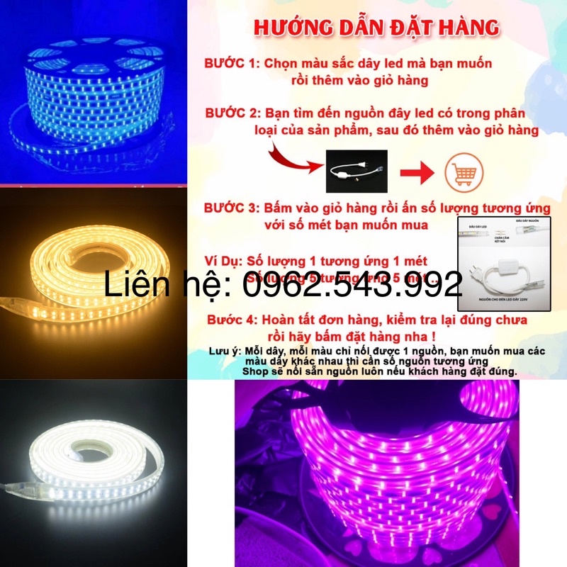 Đèn Led dây đôi 2835 ánh sáng vàng, trăng, xanh dương, tím, nhiều màu , ống nhựa 220V(bán theo m)
