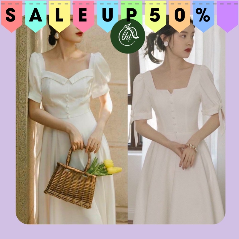 Váy trắng cổ bẻ tay nhún bèo dáng xoè, phong cách vintage - Từ tiệm váy nàng Thị