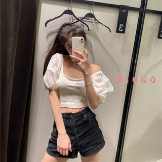 Áo thun cổ vuông tay phồng thêu họa tiết kiểu retro pháp thời trang mùa hè 2021