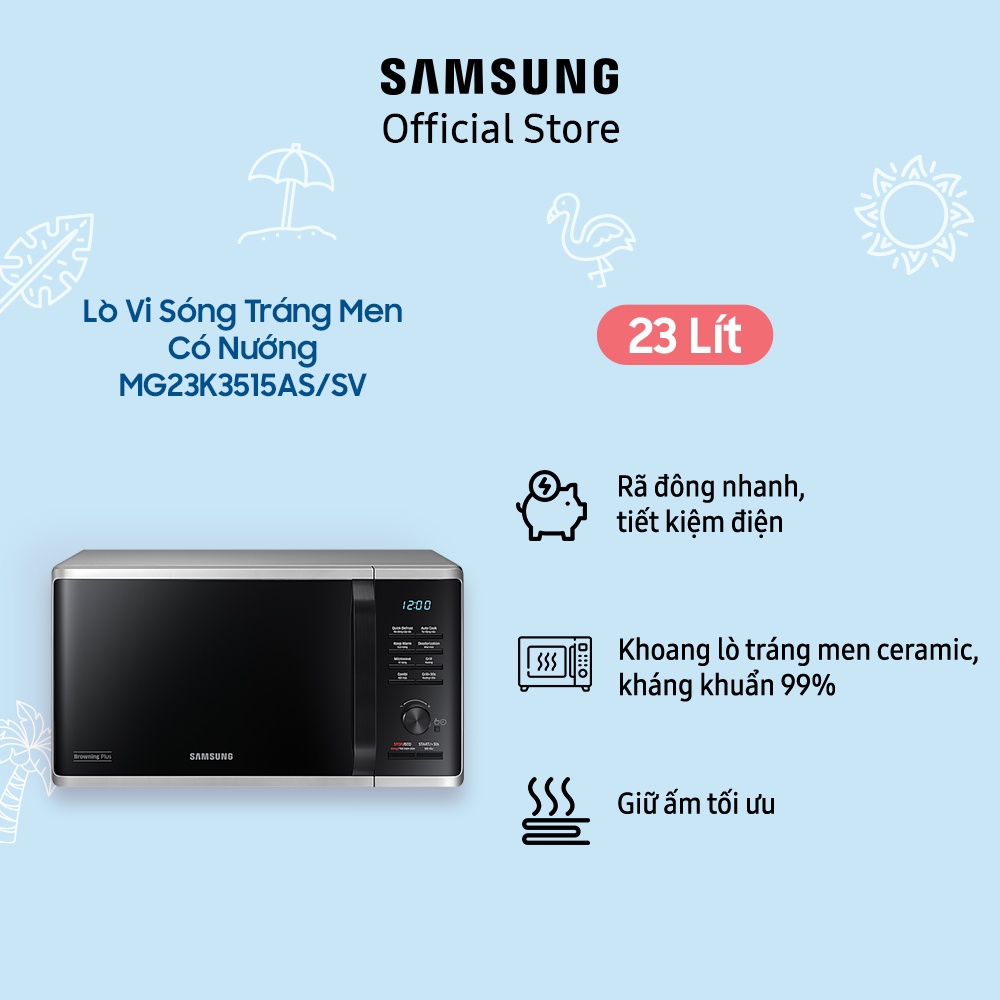 [Mã ELSAM5 giảm 10% đơn 500K] Lò Vi Sóng Tráng Men Có Nướng Samsung MG23K3515AS/SV(23 lít)