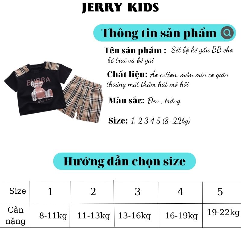Sét áo cộc tay gấu BB quần kẻ cho bé trai bé gái 8-18kg