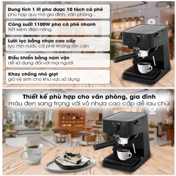 Máy pha cà phê Espresso cao cấp, công suất 1100W. Thương hiệu Delonghi - EC235.BK (Bảo hành: 1 Năm Chính Hãng) {CHÍNH HÃ