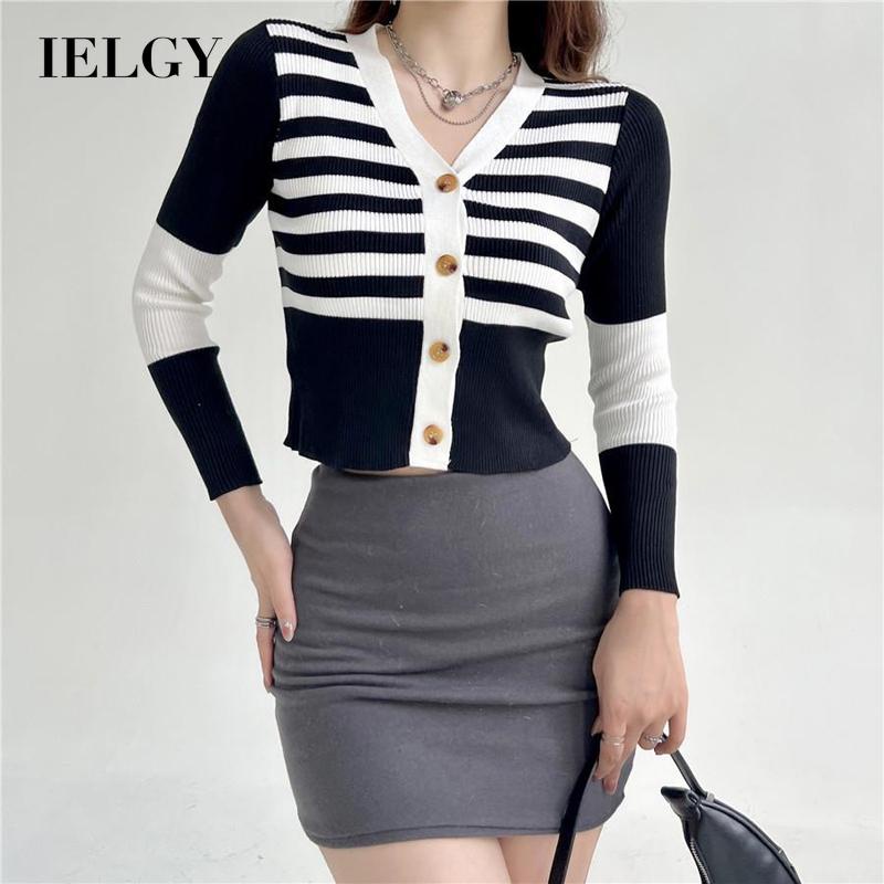 IELGY  Áo Sweater Dệt Kim Mỏng Cổ Chữ V Màu Sắc Tương Phản Thời Trang Cho Nữ