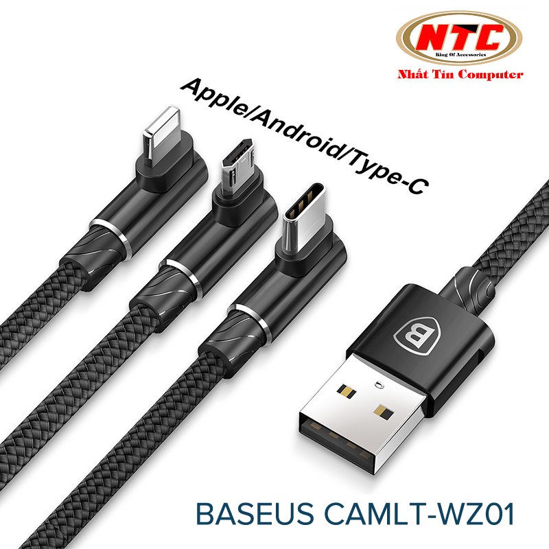 Cáp sạc 3 đầu chữ L cổng/Type-C/microUSB Baseus CAMLT-WZ01 MPV dài 1.2m max 3.5A (nhiều màu)