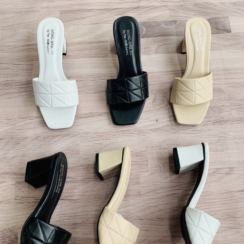 Dép cao gót nữ, guốc nữ quai ngang da trần chỉ 5 phân đen, kem - OANH SHOES