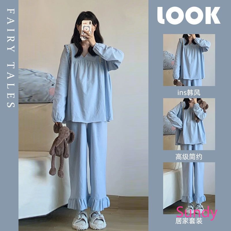 Bộ Đồ Ngủ Tay Dài Phối Bèo Màu Trơn Thời Trang Thu Đông Phong Cách Hàn Quốc Cho Nữ