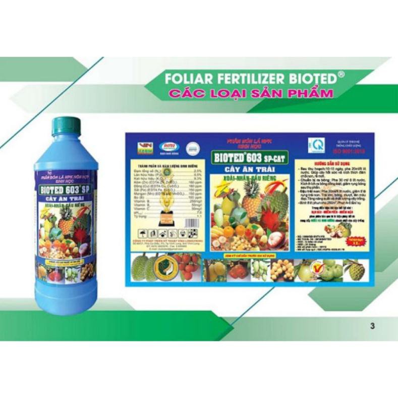 Bioted 603 cây ăn trái  Phân bón lá NPK sinh học Bioted 603 SP-RM Mận, Xoài, Sầu riêng-1 lít-Bổ sung dưỡng chất