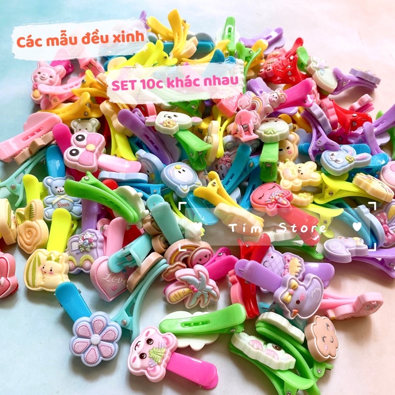 Set 10 kẹp tóc mỏ vịt màu sắc gắn charm TIMSTORE phụ kiện thời trang phong cách dễ thương