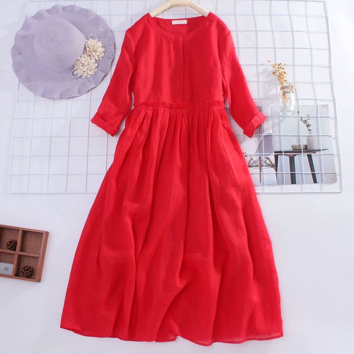 Giảm Giá Đặc Biệt Mới Đầm cotton Lanh Tay Dài Cỡ Lớn Hàng Đặt Hàng Ngoại Thương Nhật Bản Với Nhãn Hiệu Lớn Tay Dài