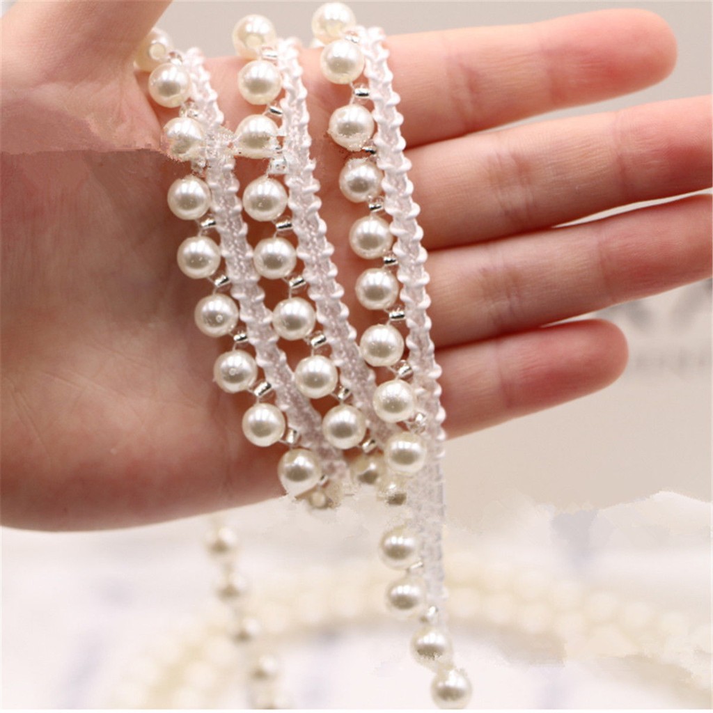 Tấm vải ren 1cm đính ngọc trai cổ điển trang trí đám cưới