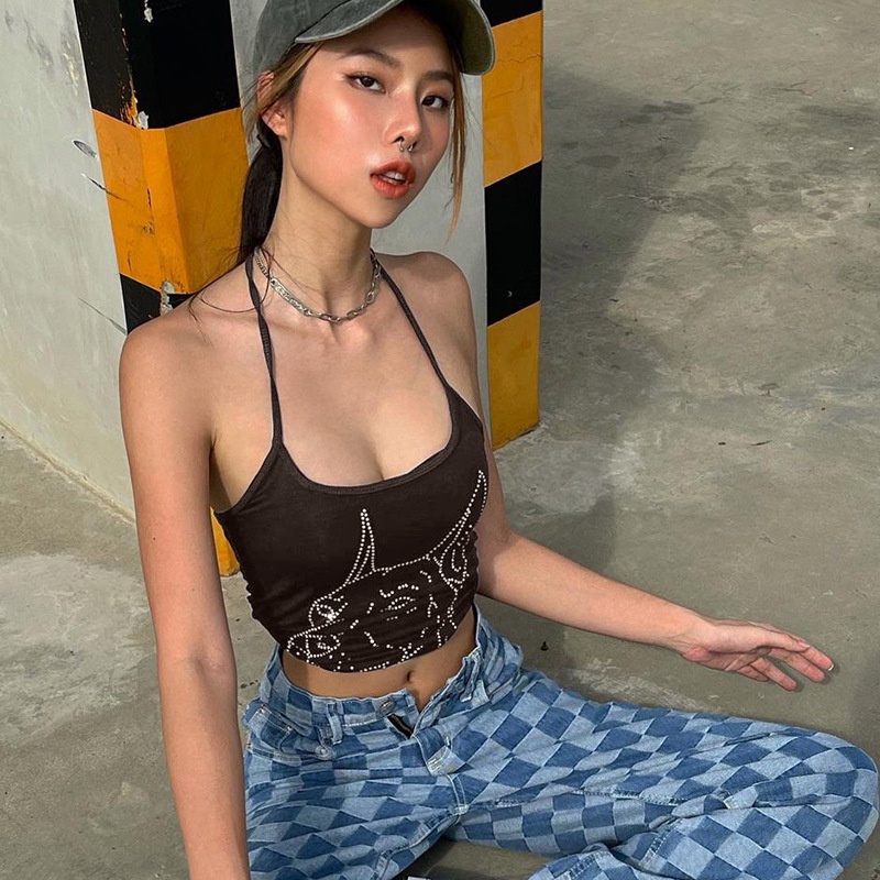 DUNEA Áo Sát Nách Cổ Chữ U Hở Lưng Đính Đá Quyến Rũ Thời Trang Cho Nữ