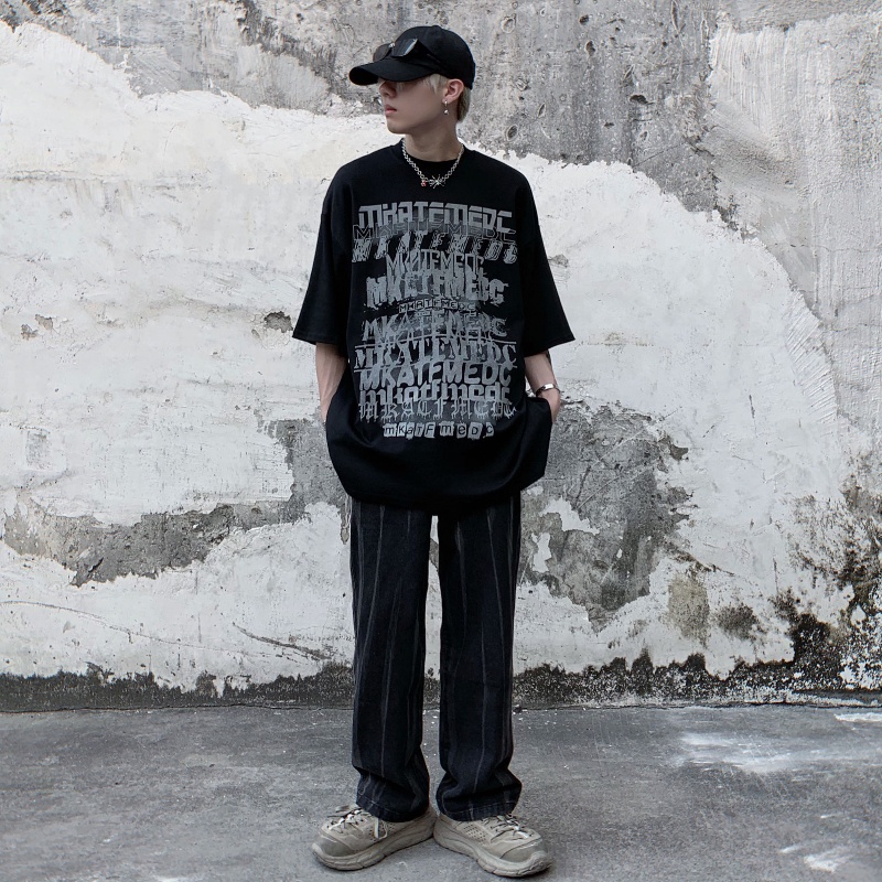 Áo thun tay ngắn cổ tròn dáng rộng in chữ phong cách hip hop Mỹ thời trang mùa hè cho nam size S-5Xl