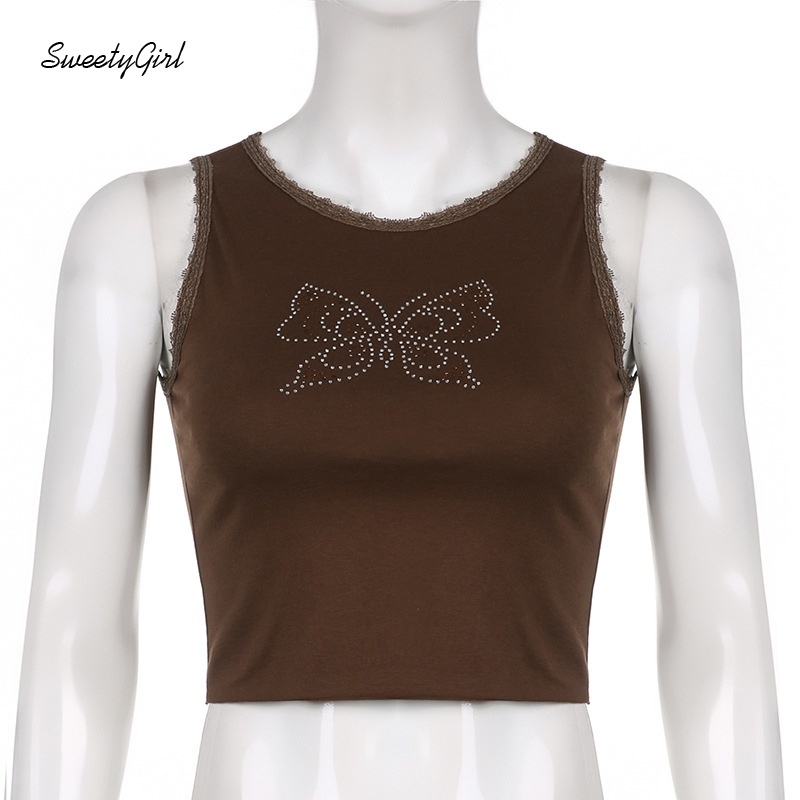 Áo hai dây cổ tròn viền ren đính đá hình bướm thời trang cho nữ