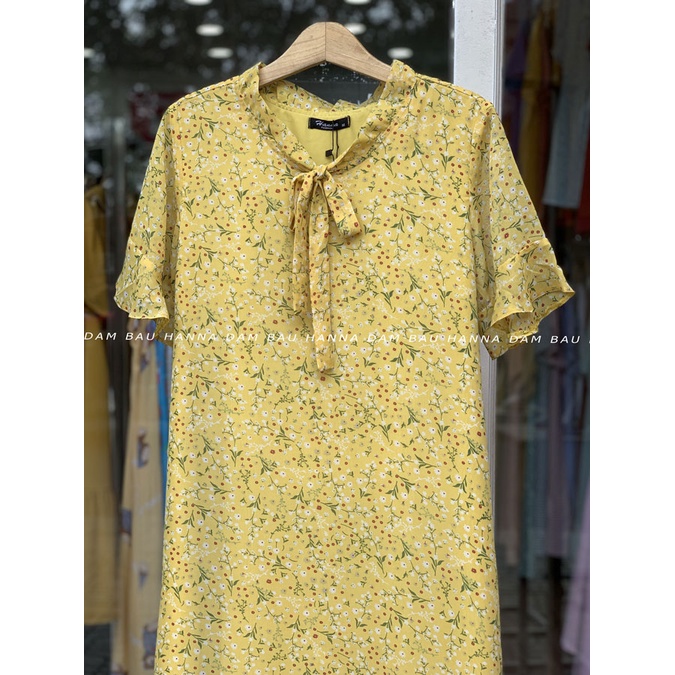 [HANNA] Đầm bầu công sở voan hoa nhí mát mùa hè vải 2 lớp không nhăn size 80kg giá rẻ dài qua gối có túi bên sườn tiện