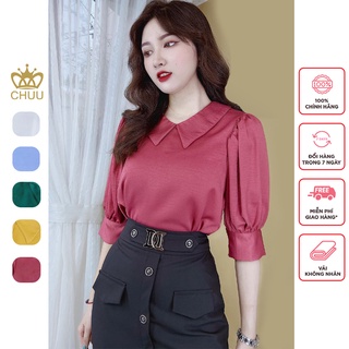 Áo sơ mi nữ công sở vải lụa nhung cổ nhọn chuu a60017