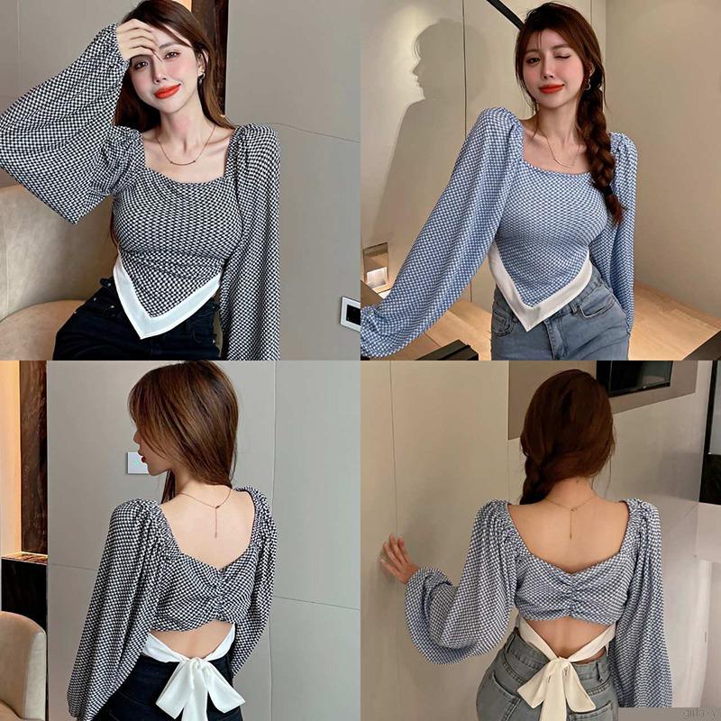 Áo croptop tay dài cổ vuông họa tiết kẻ caro thiết kế độc đáo phong cách retro Hàn Quốc cho nữ