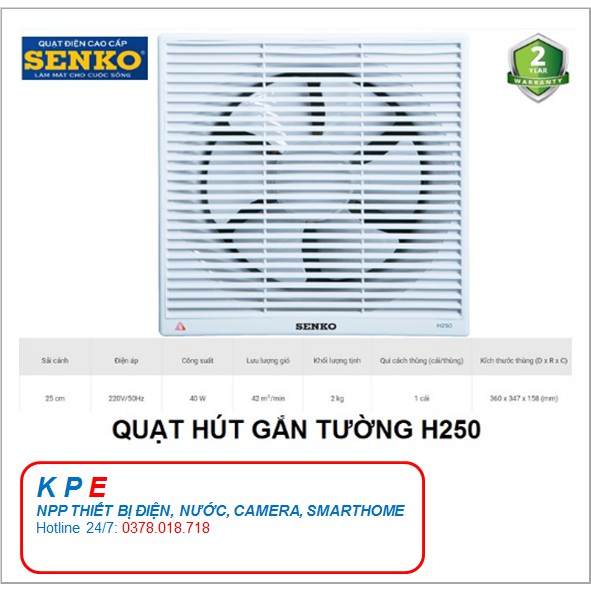 QUẠT HÚT THÔNG GIÓ GẮN TƯỜNG NHÀ VỆ SINH, NHÀ TẮM WC SENKO H250 GIÁ RẺ - KPE ELECTRIC