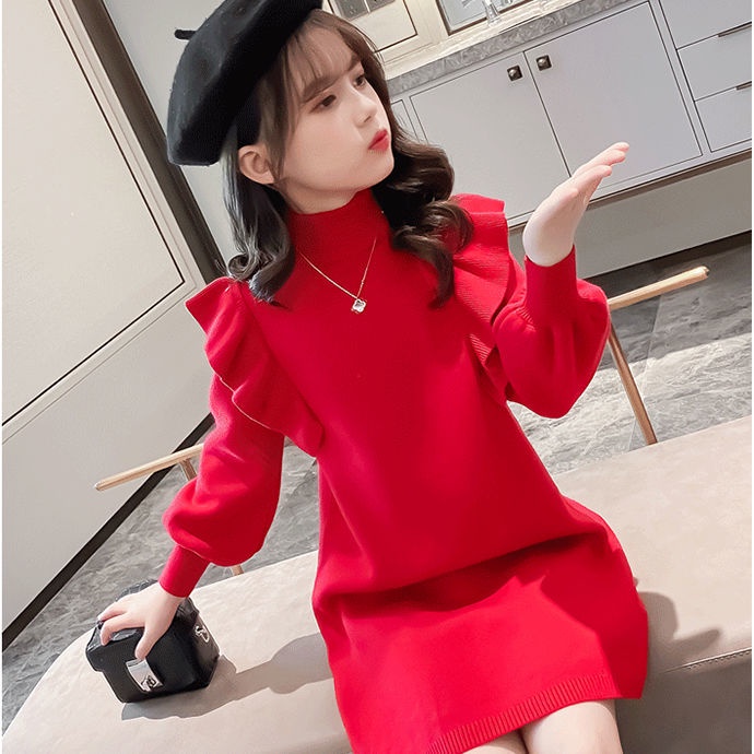 ❀Hàng giao ngay❀8-14 tuổi, quần áo trẻ em, Đầm Sweater Dệt Kim Dáng Dài Phong Cách Công Chúa Thời Trang Thu Đông Mới 2021 Cho Bé Gái