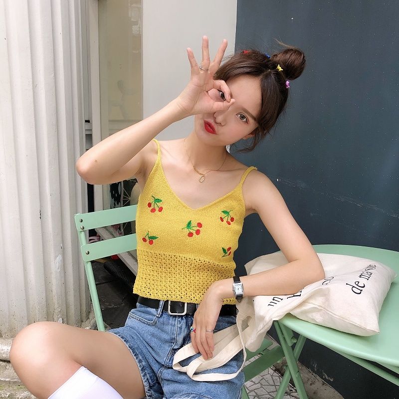 Áo Tank Top Dệt Kim Hoạ Tiết Cherry Phong Cách Retro