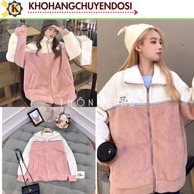 Áo Khoác Lông Cừu Thêu Chữ Ngực Dày Dặn, áo nỉ thu đông cổ cao form rộng phối màu trắng hồng ấm áp - THÔNGTHU