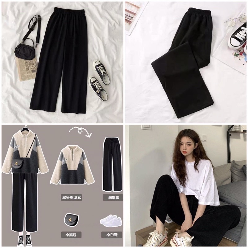 [Mã FAMARAL1 giảm 10K đơn 50K] Quần ống rộng nữ Unisex cạp chun màu đen vải co dãn