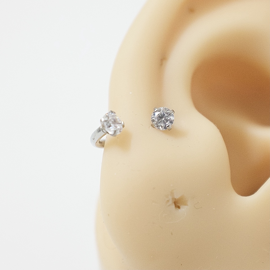 Khuyên Tai Titan Unisex Chữ U Màu Bạc 2 Đá Tròn 3mm Không Gỉ Sét Không Ngứa Bông Tai Julies Box 66