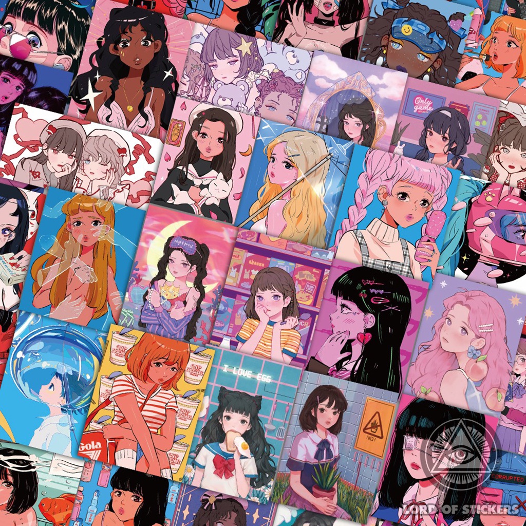 Set 50 Nhãn Dán Hoạt Hình Cute Anime Girl Sticker Retro Cô Gái Nhật Bản Chống Thấm Nước Trang Trí Mũ Bảo Hiểm, Laptop Sổ
