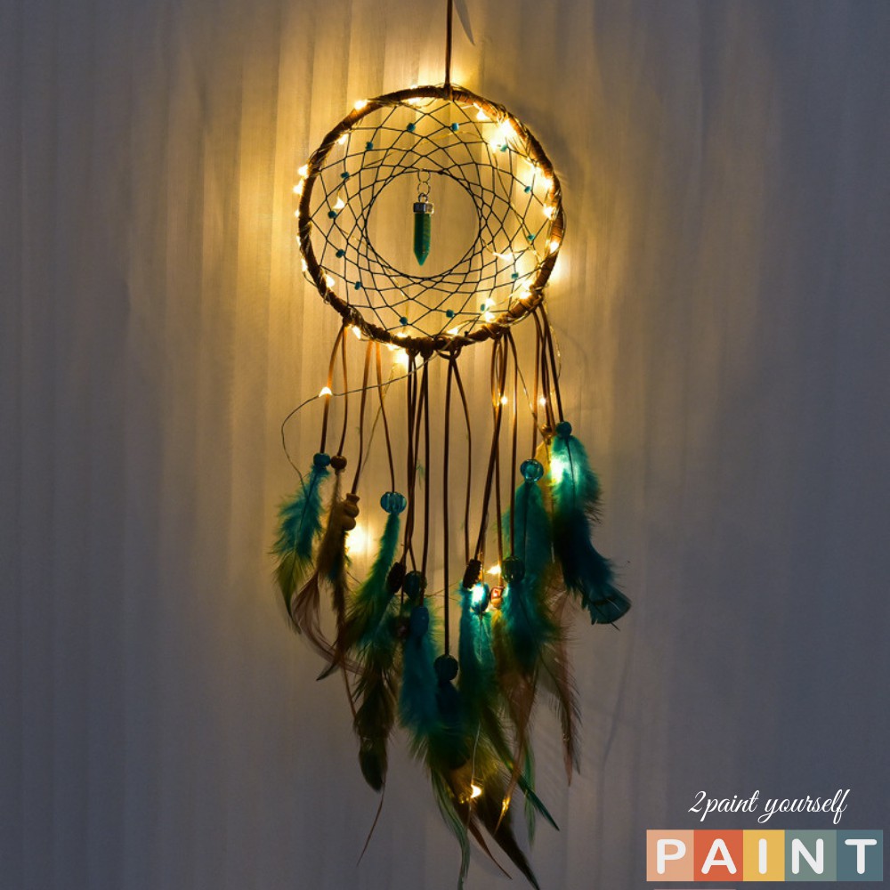 Dreamcatcher lông vũ gắn đèn led decor, dream catcher đèn led trang trí