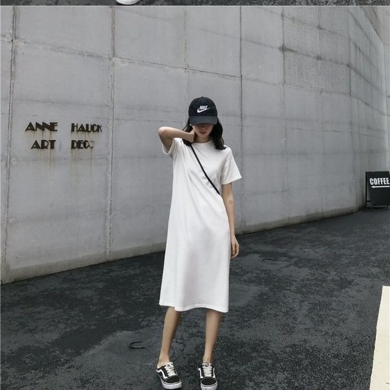 Đầm Tay Ngắn Dáng Rộng Dài Qua Gối Màu Trơn Thời Trang Mùa Hè