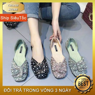 Giày Búp Bê 💖FREESHIP💖 Giày Nữ Bệt Mũi Vuông Đính Đá Lấp Lánh, Giày Hài Đi Êm Chân Với Đế Chống Trơn Trượt
