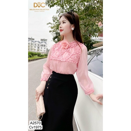 A2570, Cv1975 Set áo sơ mi hồng voan tơ tay dài, chân váy body ôm đuôi cá -  Dolce viva colection
