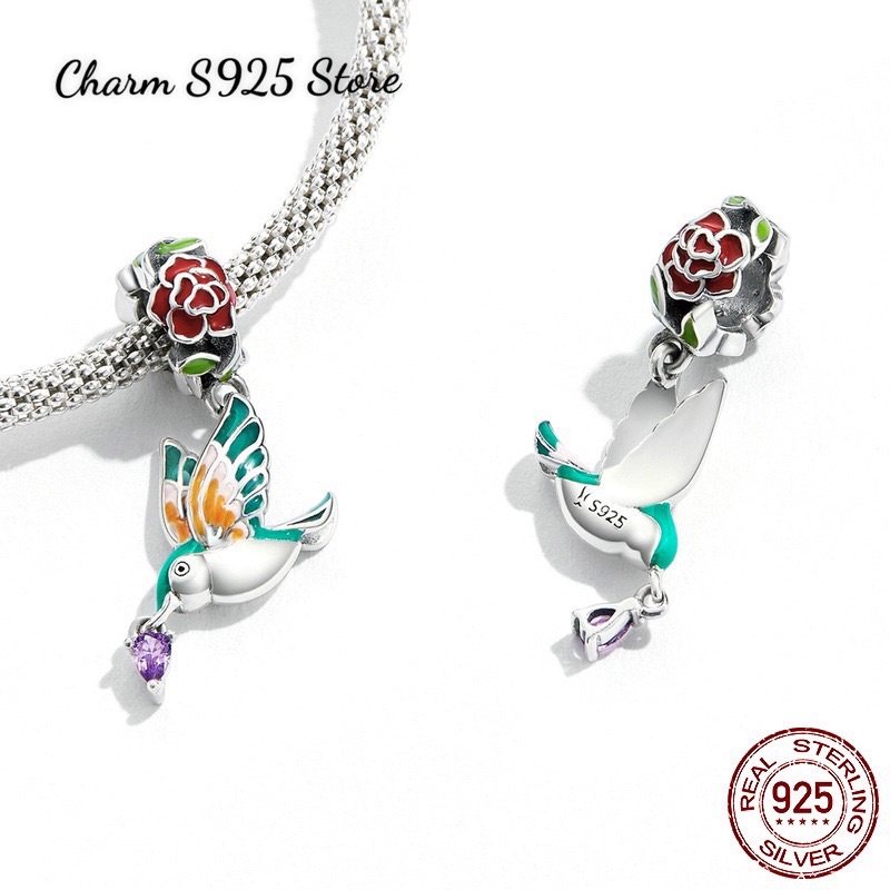 CHARM HOA HỒNG VÀ CHIM BẠC S925 CAO CẤP HÀNG CHÍNH HÃNG