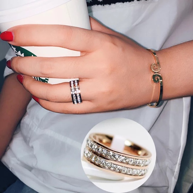 Nhẫn Titan Ko ĐEn 2 Hàng Xoàn Full Đá NT072