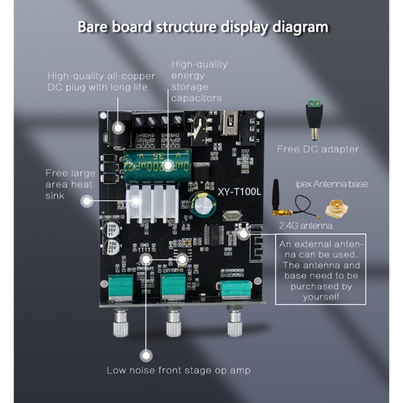 Bảng mạch khuếch đại âm thanh bluetooth 5.0 100W+100W 3.5mm AUX 2.1 kênh Class D 5V-24V WIN XY-T100L