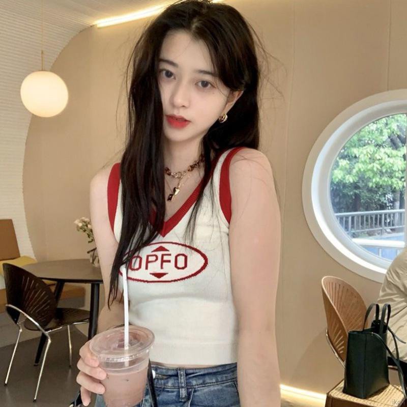 Áo tank top dệt kim cổ chữ v in chữ phối màu tương phản quyến rũ cho nữ