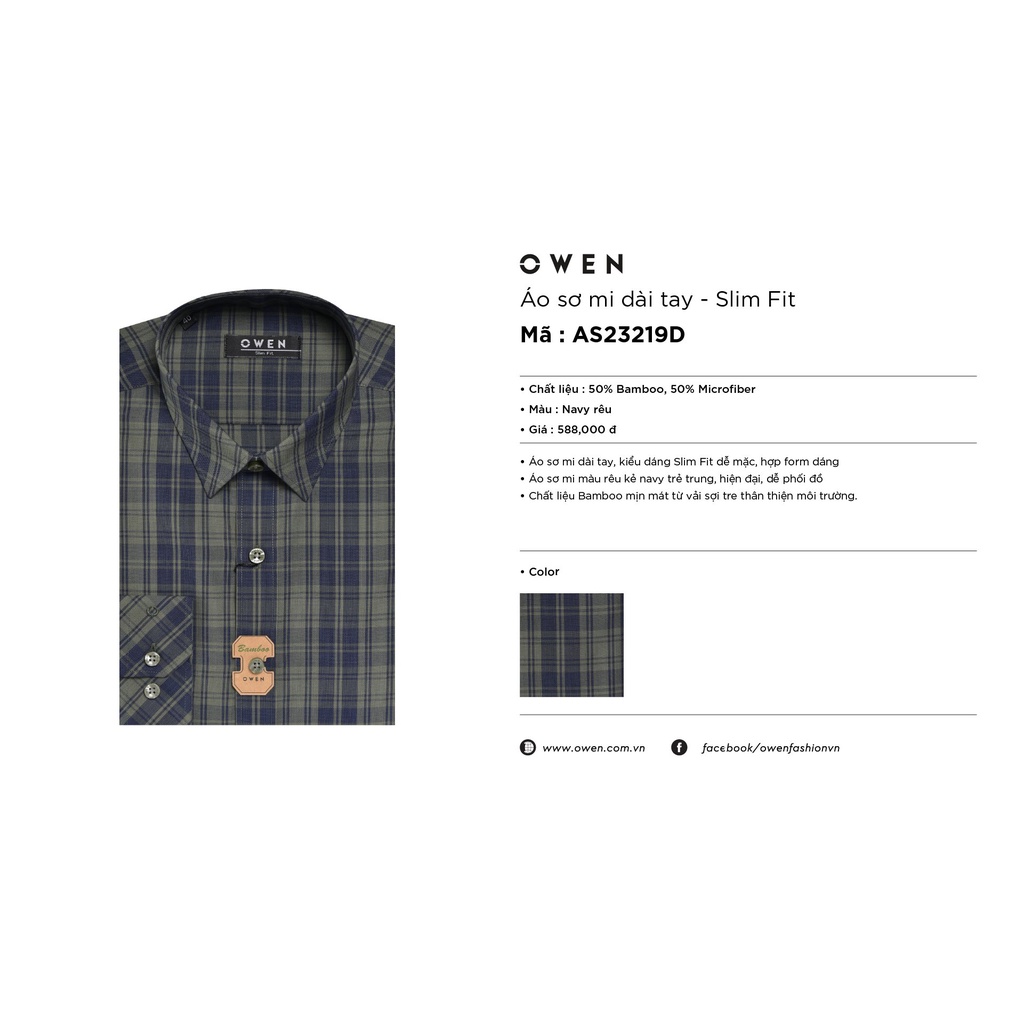 Áo Sơ Mi Nam Dài Tay Owen AS23219D Somi Công Sở Cao Cấp Màu Kẻ Caro Navy Rêu Dáng Ôm Không Túi Chất Sợi Tre Mềm Mát