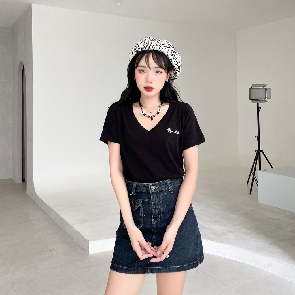 Áo thun nữ Mon vải cotton xược mềm mát kiểu cổ V SS0369