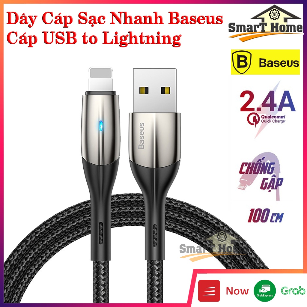 Cáp Sạc Nhanh Iphone Baseus Horizontal - Dây Sạc Bọc Dù Baseus USB To Lightning 2.4A Truyền Dữ Liệu Nhanh Có Đèn LED