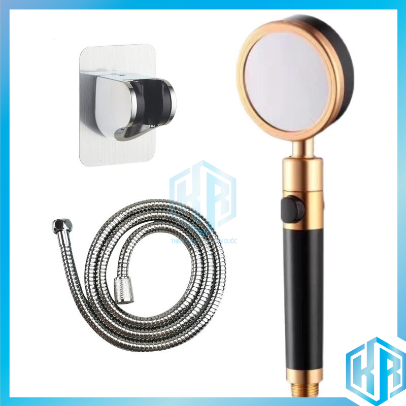 Bộ tay sen, vòi sen tăng áp siêu mạnh hợp kim nhôm đen vàng có nút bật tắt nước trên thân, xoay 360 độ - QM054
