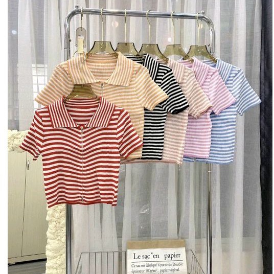 Áo croptop sọc cổ bẻ zip kéo (A15