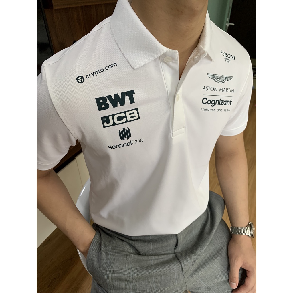Áo thun nam có cổ F1 Aston Martin, Áo polo cotton thể thao cộc tay full size