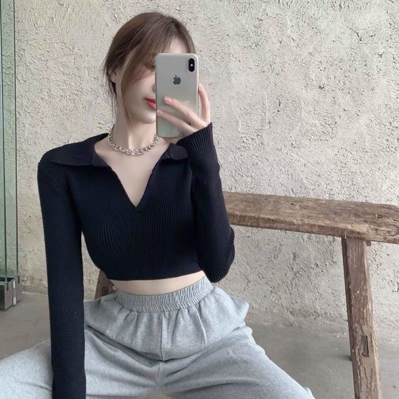 Áo len cổ bẻ buộc dây eo hàng QC